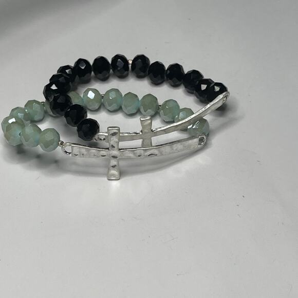 Set of two bracelets black and mint green blue stretch cross silver tone jewelry - Picture 1 of 15
